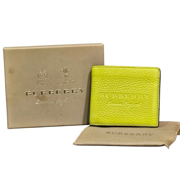 BURBERRY Mens Wallet Embossed Leather Bifold Neon Yellow Authentic Full Set Box - Picture 1 of 16
